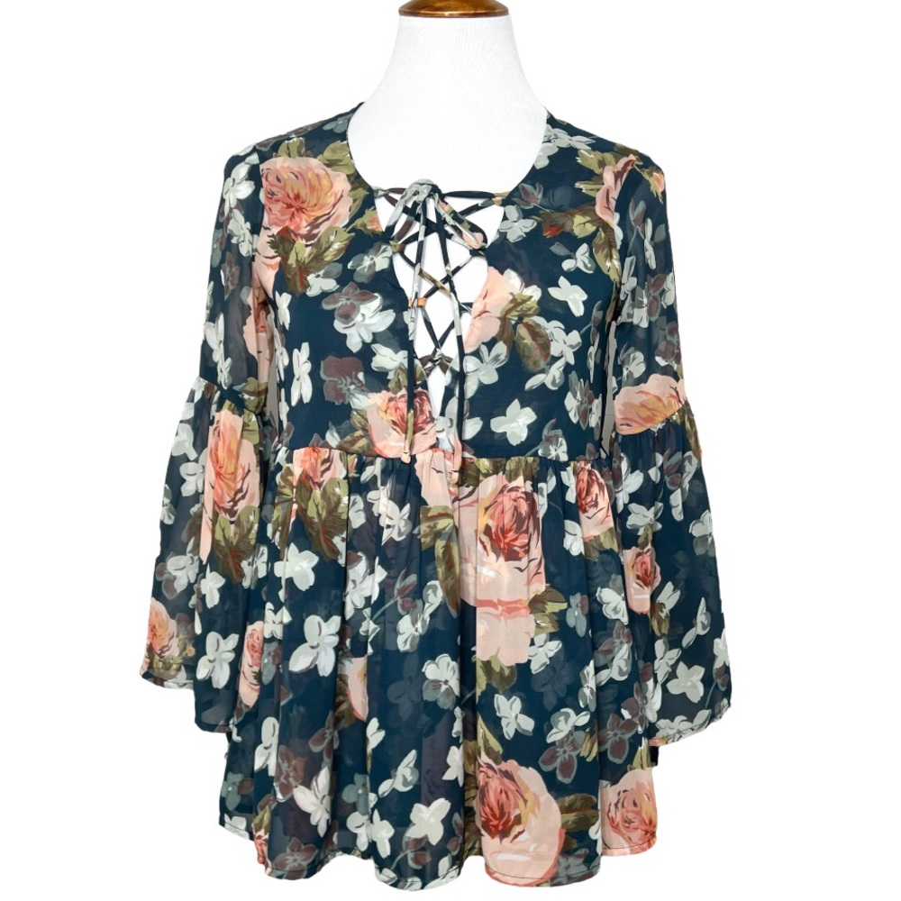 Show Me Your Mumu Teal Floral Tie Neck Bell Sleeve Ruffled Peplum Peasant Blouse - Picture 2 of 9